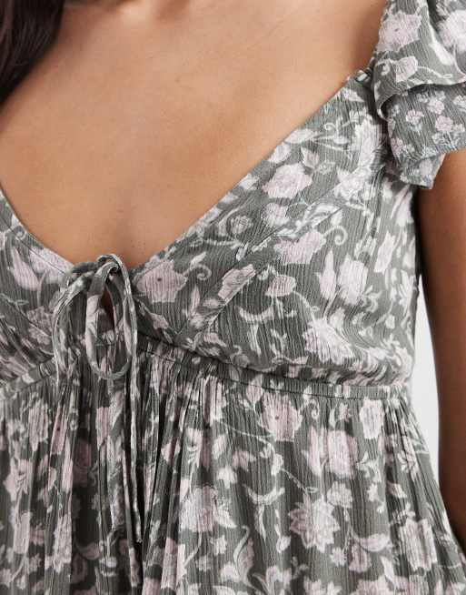 Hollister handkerchief boho babydoll top in green floral, 3 of 4