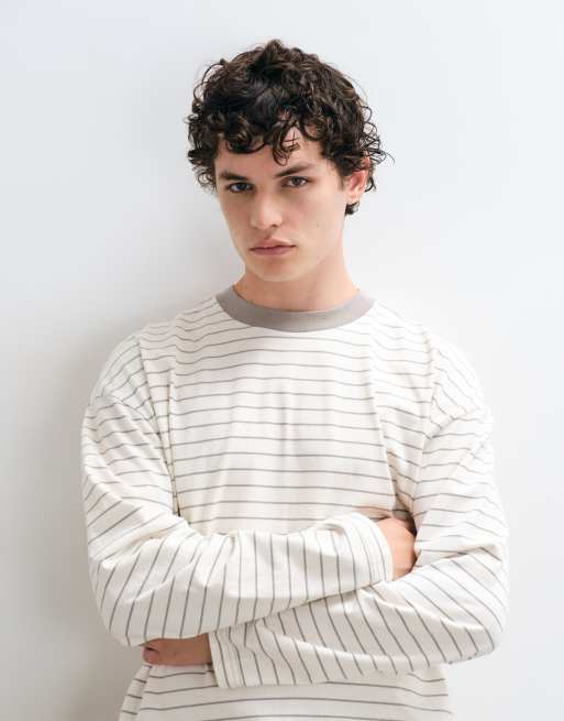 Hollister heavyweight boxy long sleeve t-shirt in cream stripe, 1 of 5