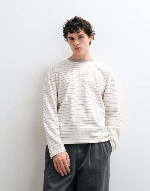 Hollister heavyweight boxy long sleeve t-shirt in cream stripe, 2 of 5