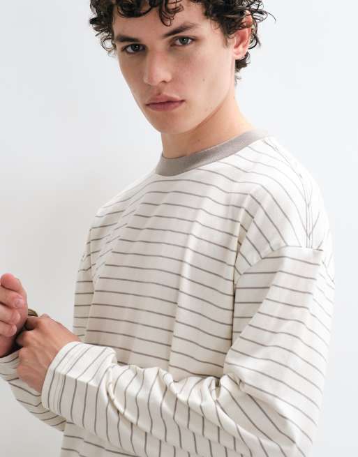 Hollister heavyweight boxy long sleeve t-shirt in cream stripe, 4 of 5