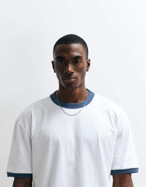 Hollister heavyweight boxy ringer T-shirt in white and blue | ASOS