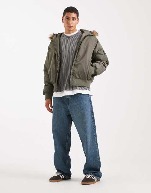 Hollister heavyweight military hooded faux fur jacket in green | ASOS