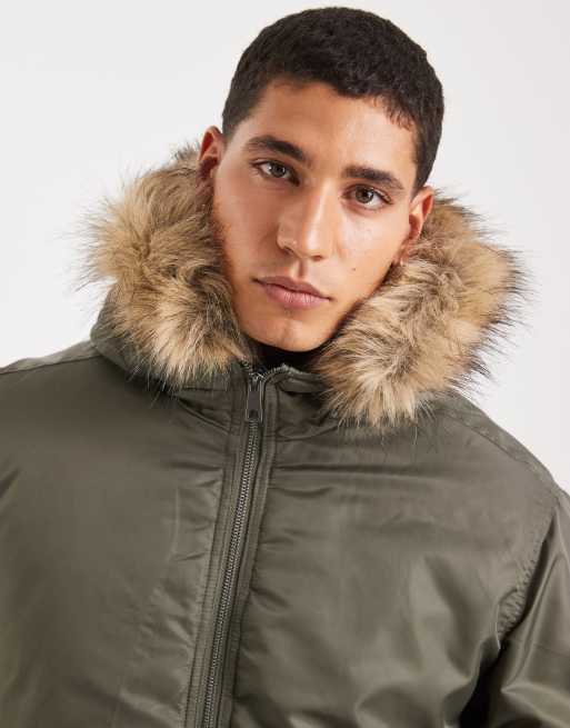 Hollister heavyweight military hooded faux fur jacket in green | ASOS