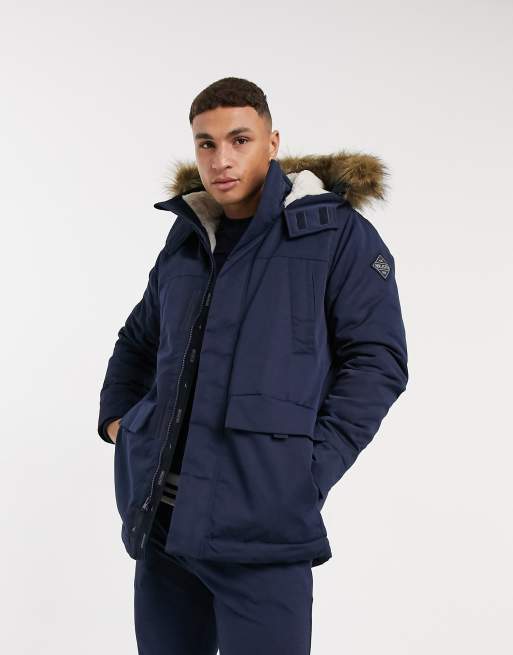 Hollister Sherpa Lined Parka Coat With Faux Fur Trim Hood - Navy in Blue