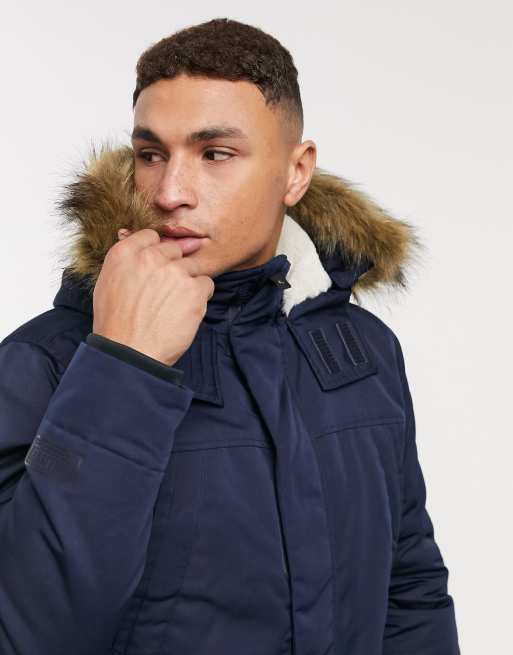 Hollister faux fur trim hooded heavyweight parka coat in navy