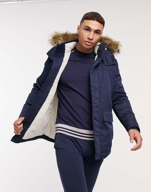 Hollister All Weather Parka Jacket Faux Fur Hood In Navy in Blue