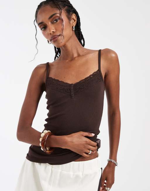 Hollister - Henley cami met kanten rand in bruin