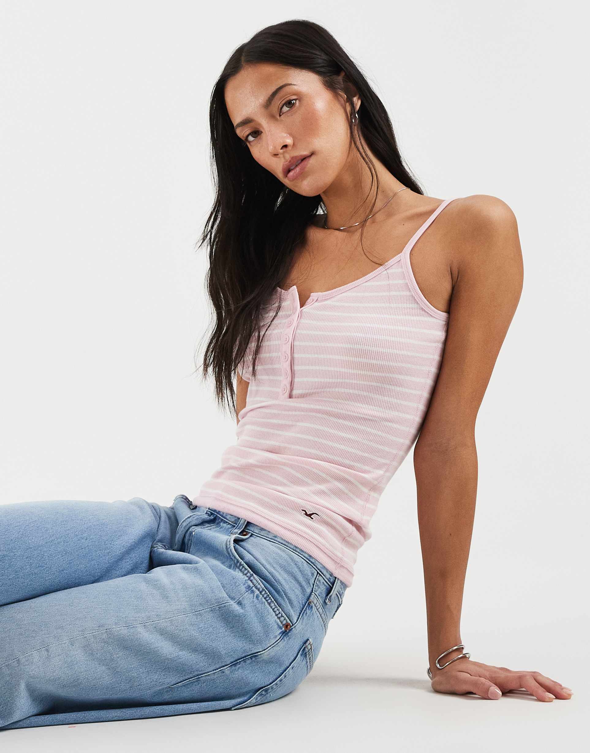 hollister henley cami top in pink striped print