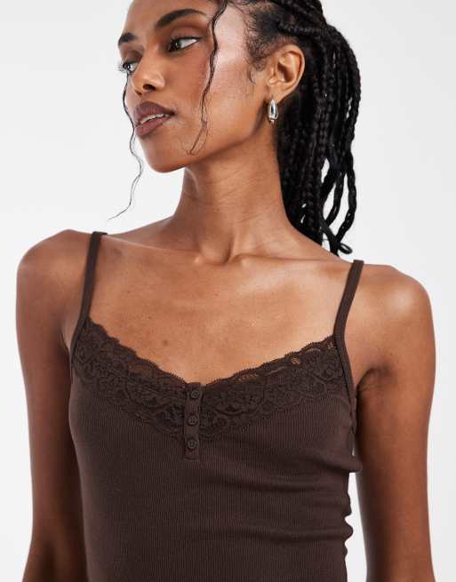 Hollister – Henley-Camisole in Braun mit Spitzenbesatz, 4 von 4
