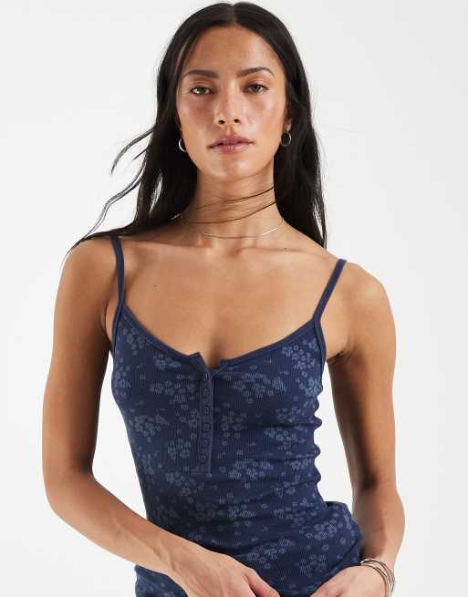 Hollister – Henley-Camisole in Marineblau mit Blumenmuster