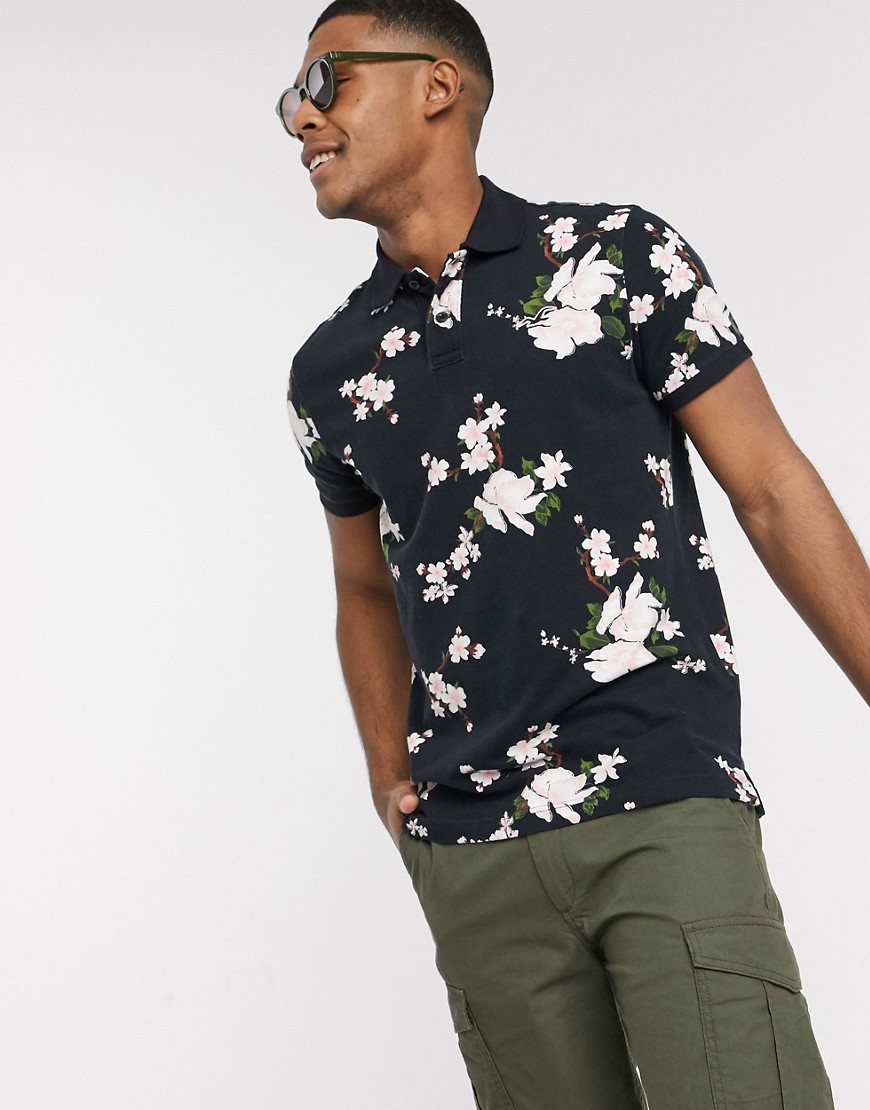 Hollister heritage floral print polo in black