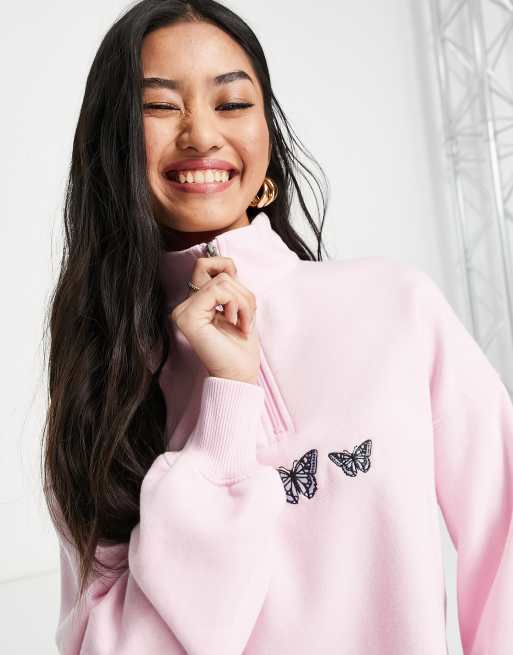 Hollister high neck embroidered cropped sweatshirt in pink ASOS