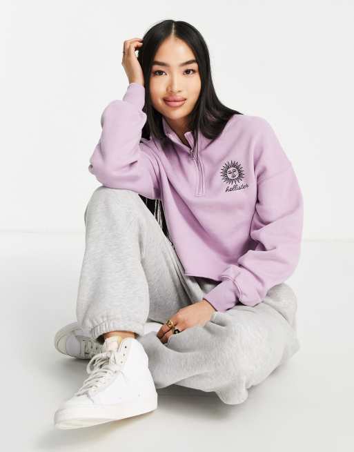 Hollister high neck embroidered cropped sweatshirt in purple