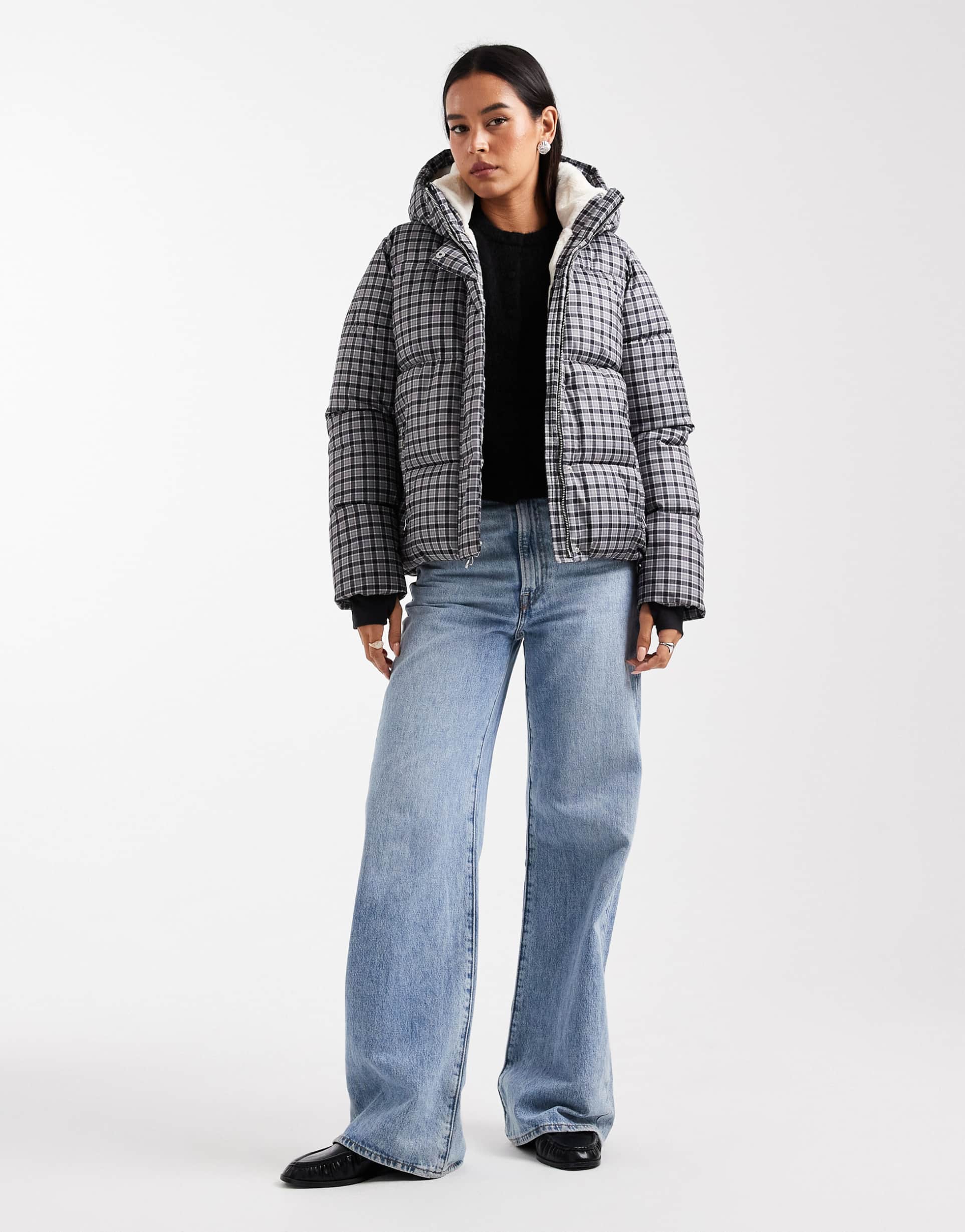 hollister high neck puffer jacket in black gingham