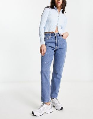 Hollister high rise knee rip embellished mom jeans in mid wash - ASOS Price Checker