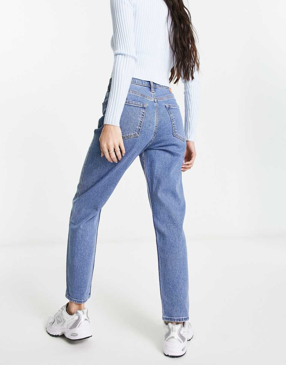 Hollister high rise knee rip embellished mom jeans in mid wash 0