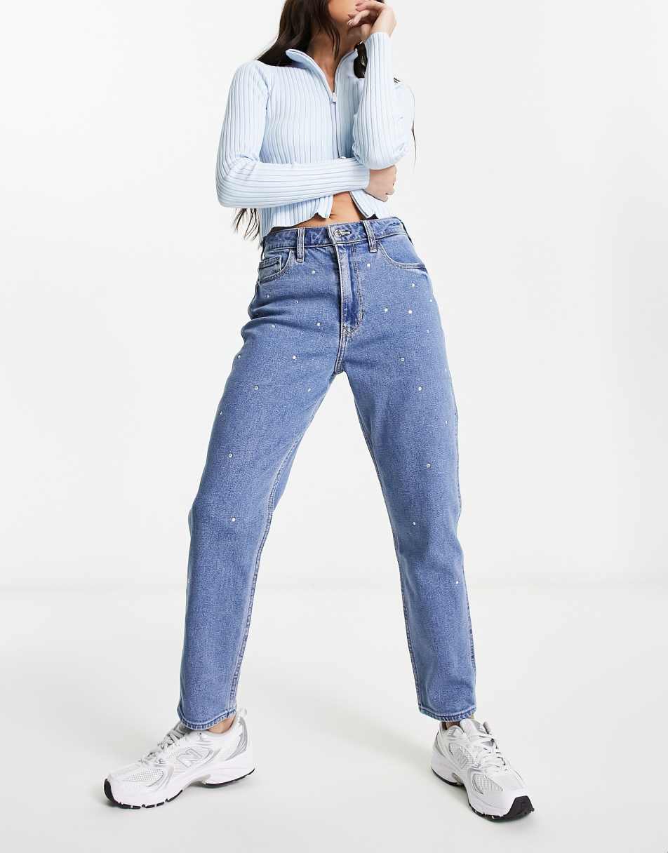 Hollister high rise knee rip embellished mom jeans in mid wash 2