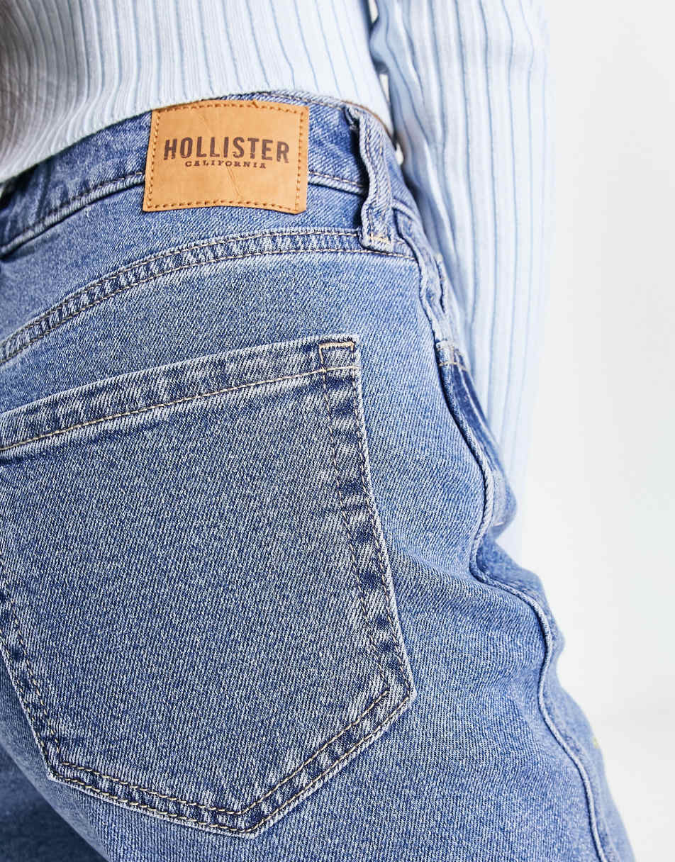 Hollister high rise knee rip embellished mom jeans in mid wash 3