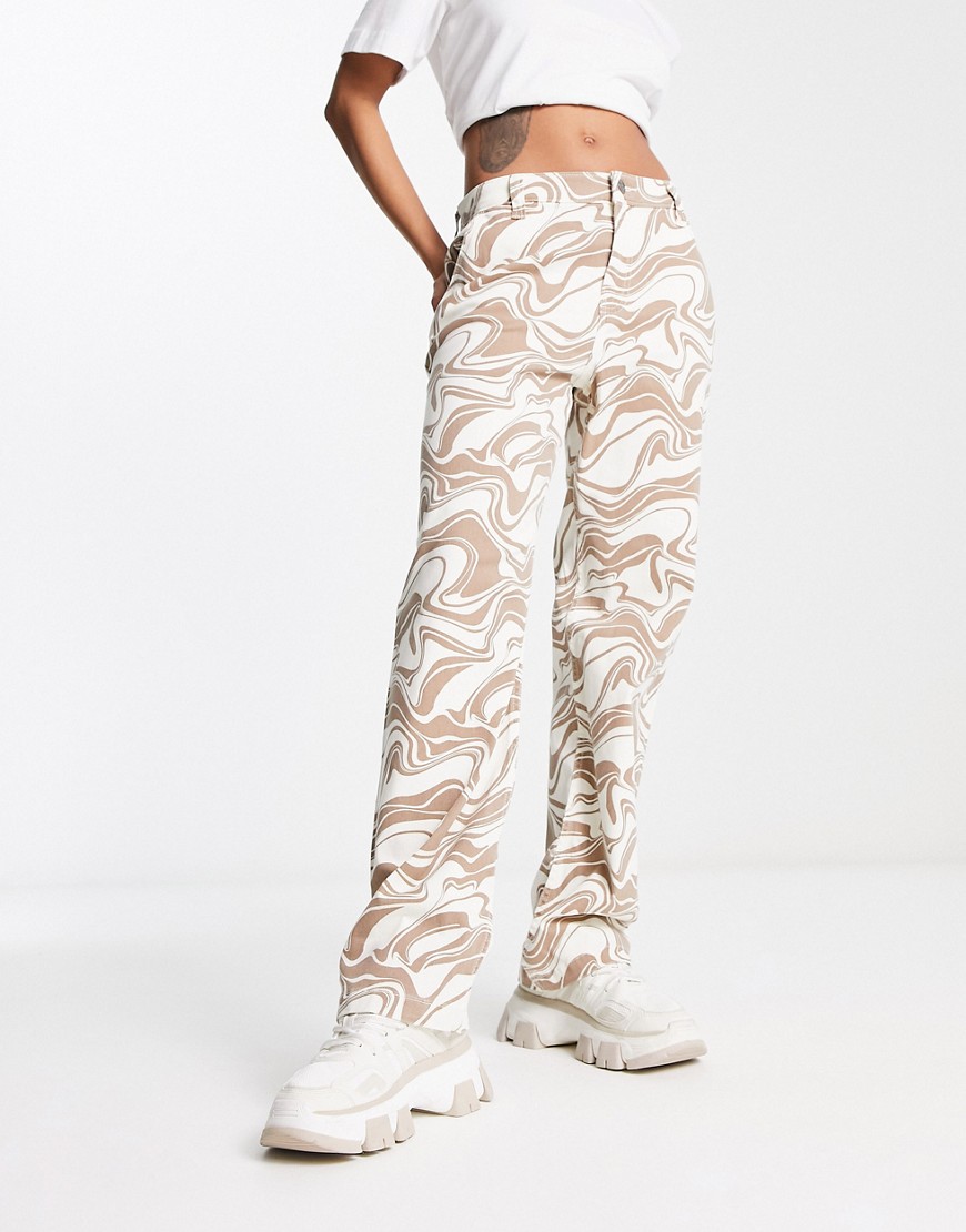 Hollister high rise marble print dad trouser in cream-Neutral