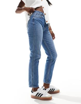 Hollister high rise mom jeans in bright blue with abrasion