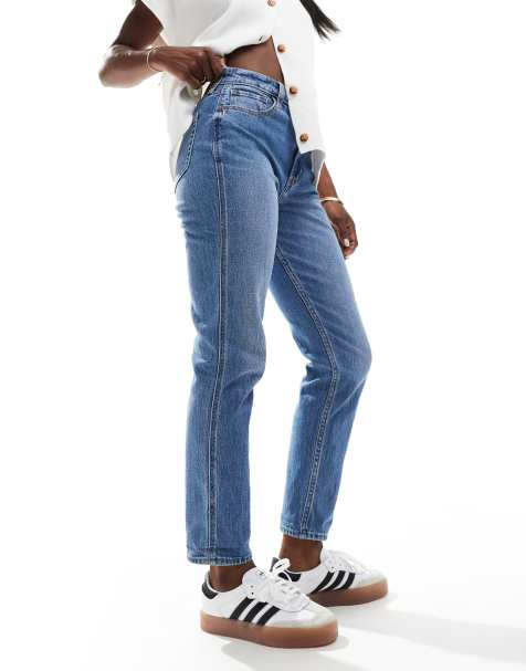 Hollister high rise mom jeans in bright blue with abrasion - view 1