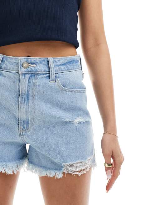 Hollister high rise mom shorts in light blue wash with frayed hem