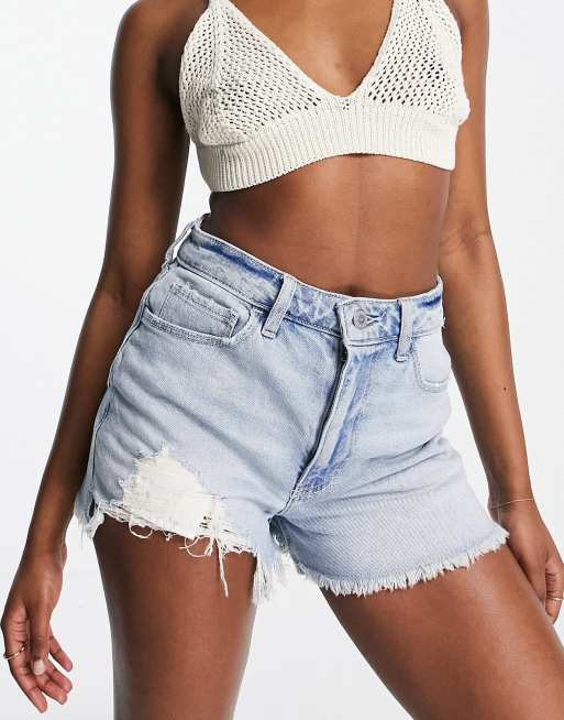 Hollister high rise raw cut hem mom shorts in light wash 