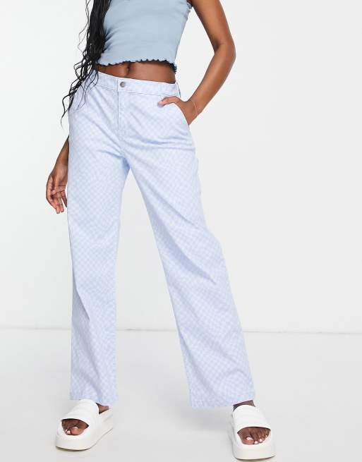 Hollister high rise warped check dad trouser in blue ASOS
