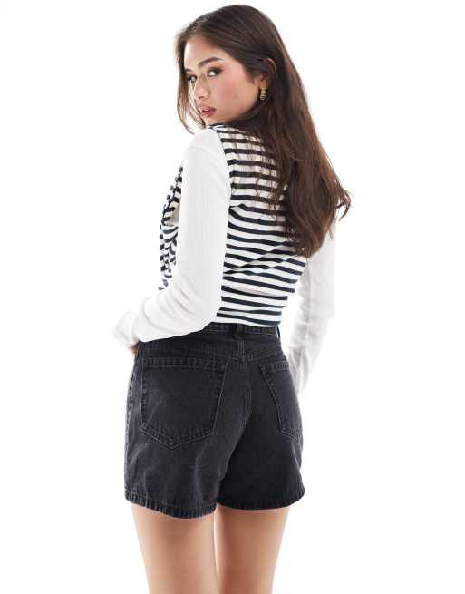 Hollister high waist relaxed denim short in washed black ASOS