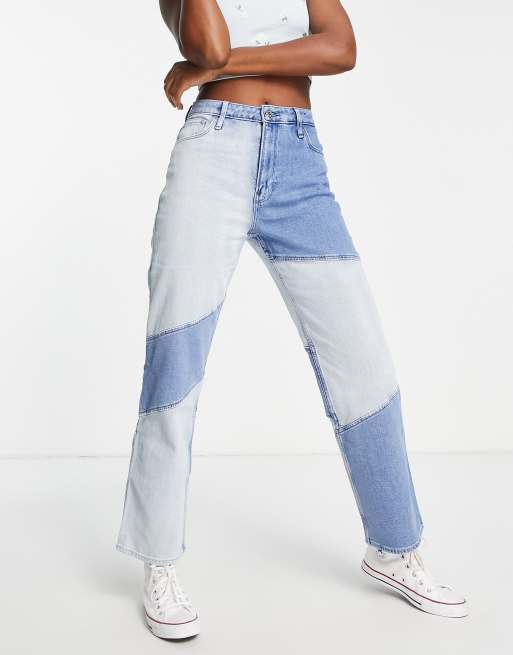 Hollister - Højtaljede dad-jeans med patchwork-design i denim