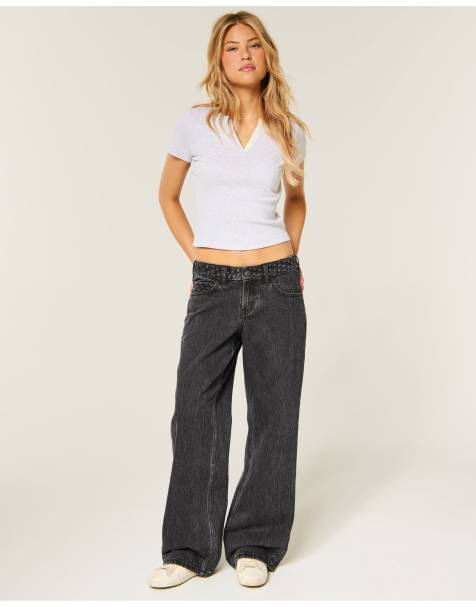 Hollister Hollister andi adjustable waist low-rise washed black polka dot waist baggy jeans in washed black - view 1