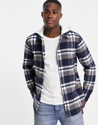 Hollister hooded check ombre shirt in navy/black