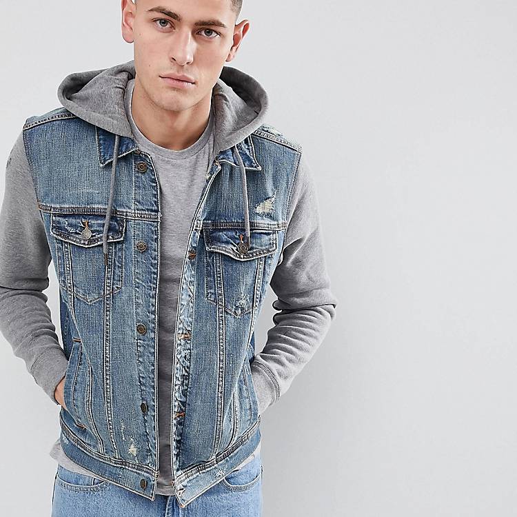 Hollister Hooded Denim Jacket With Grey Sweat Sleeves And Hood in Mid Wash  | ASOS