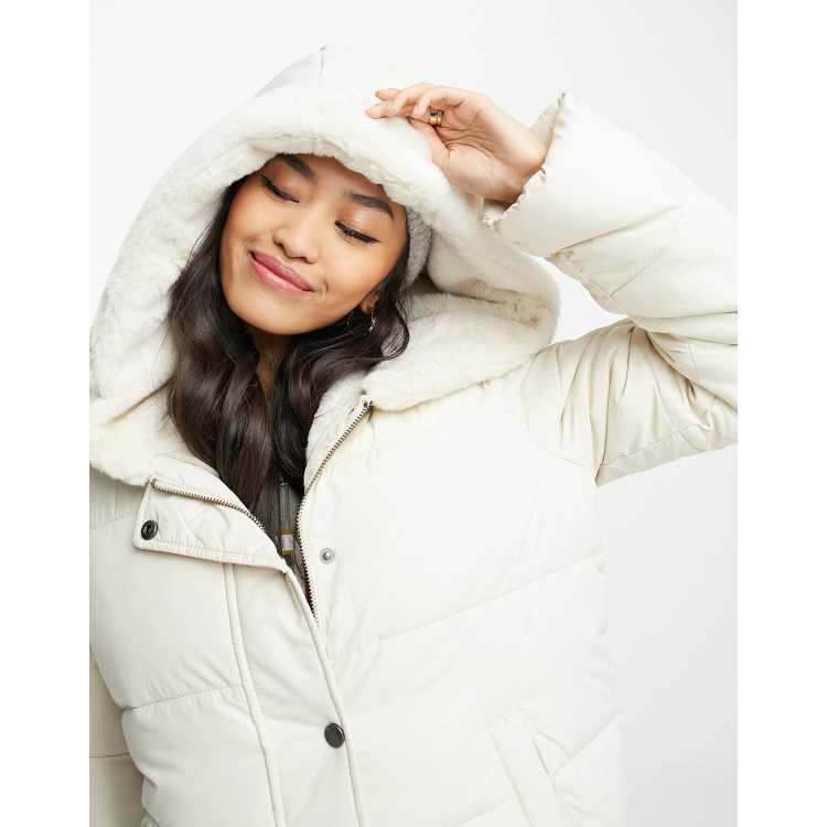 Hollister hooded nylon puffer jacket in cream