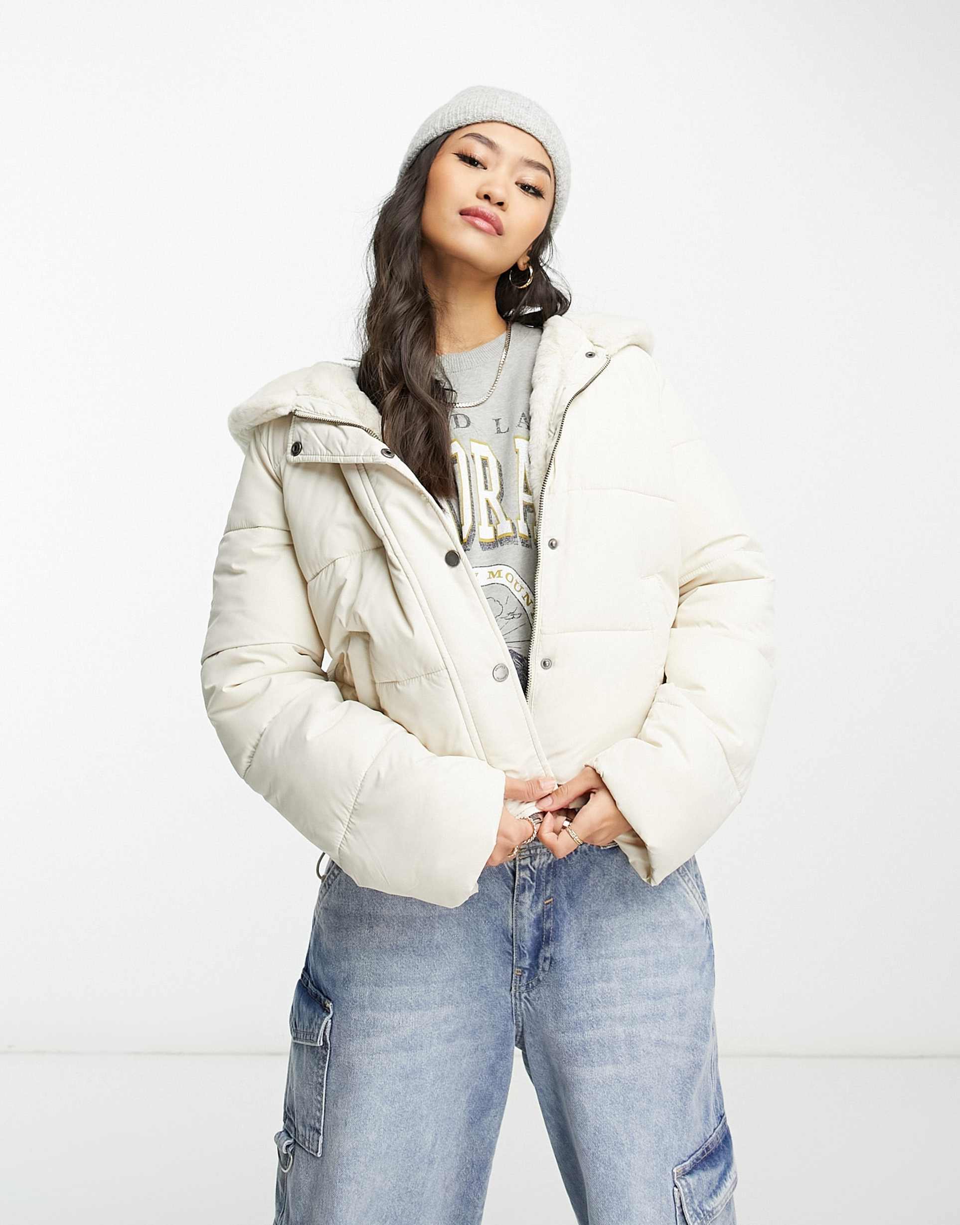 Hollister hooded nylon puffer jacket in cream view 3