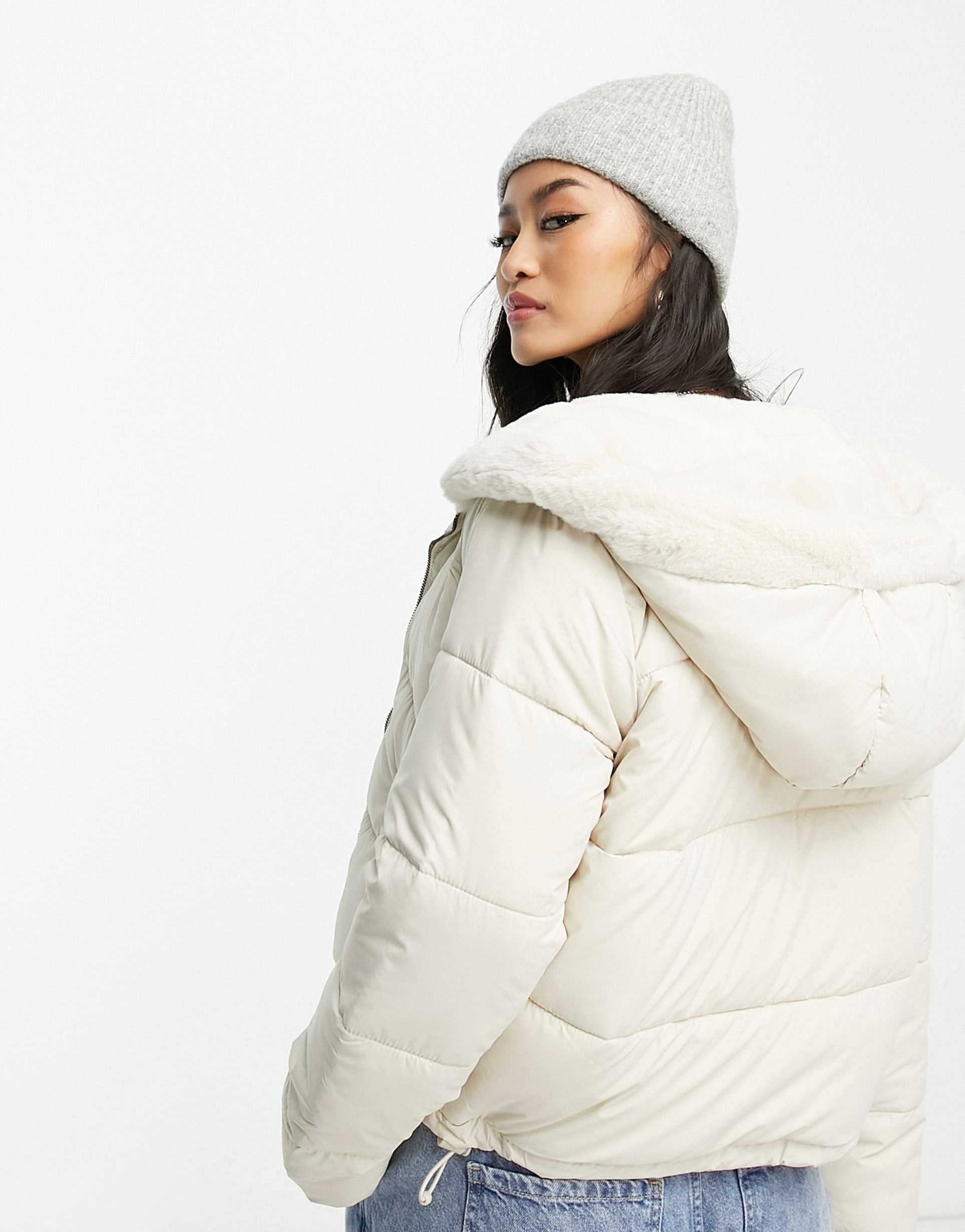 Hollister hooded nylon puffer jacket in cream view 4