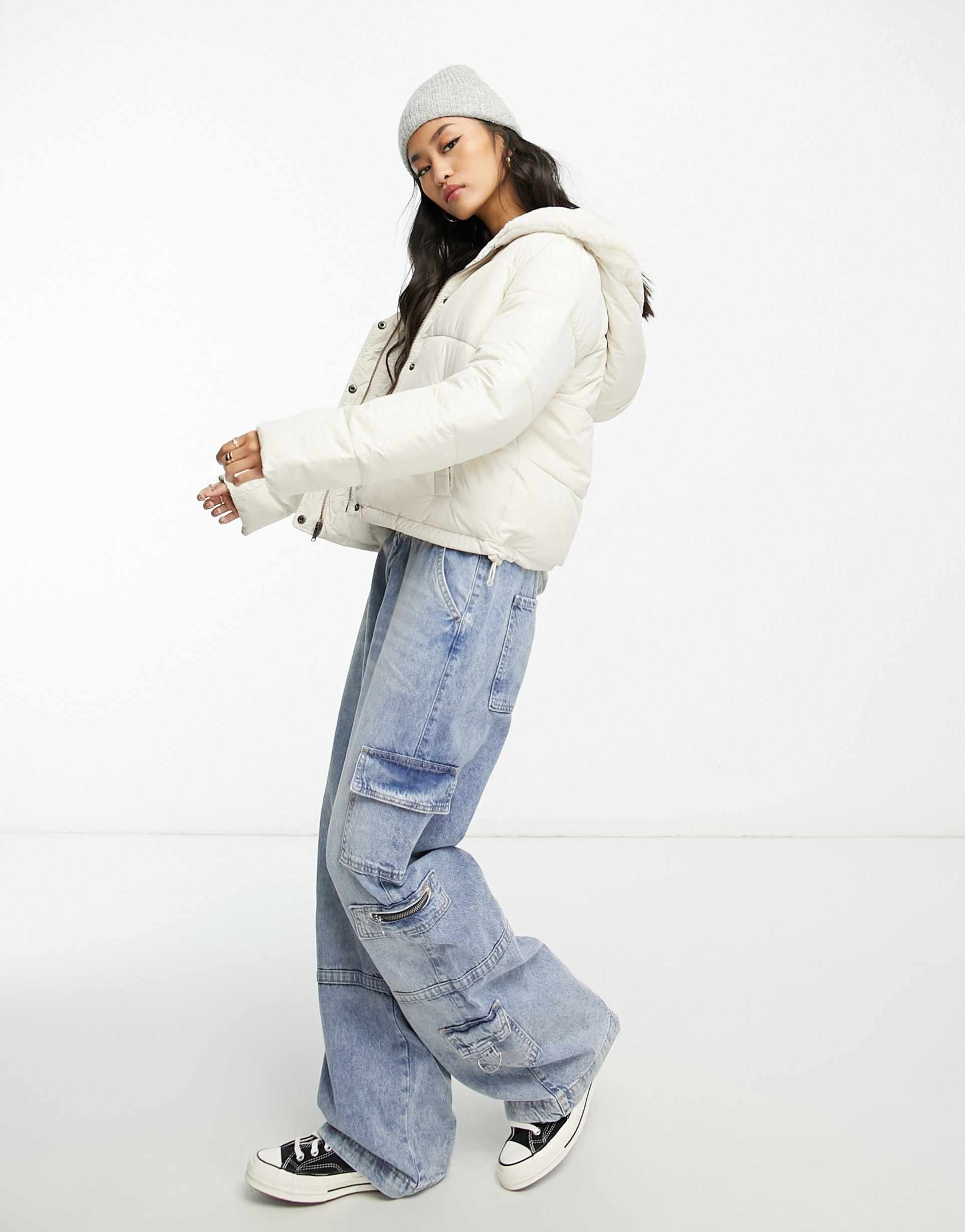 Hollister hooded nylon puffer jacket in cream