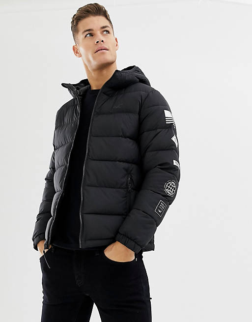 Hollister hooded puffer jacket icon logo in black
