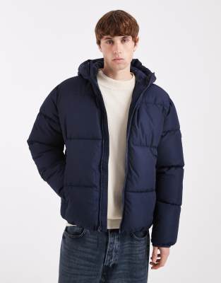 Hollister Hooded Puffer Jacket In Blue