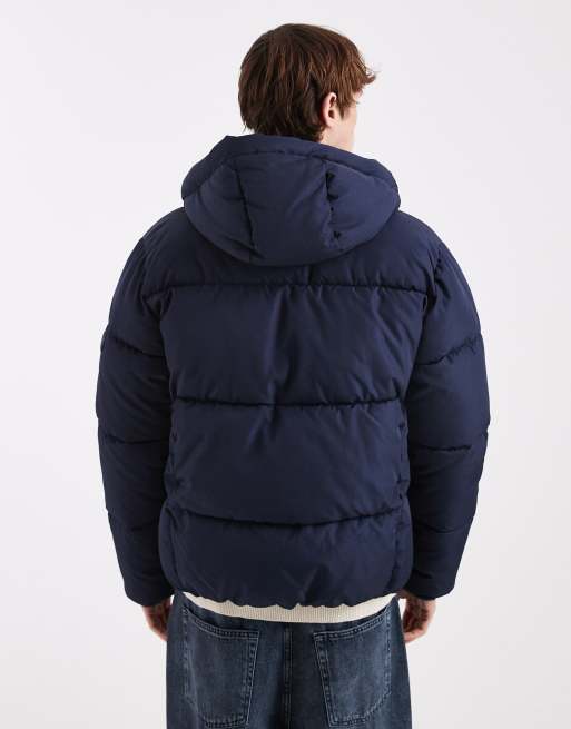 Hollister hooded puffer jacket in navy | ASOS