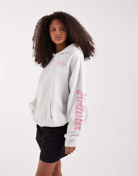Hollister - Hoodie met logo op de mouw in grijs en roze, deel van co-ord set - view 1