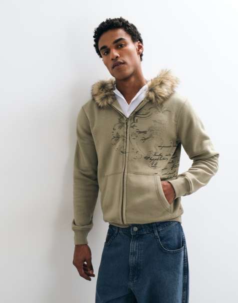 Hollister hoodie met rits en faux-fur voering in kaki - view 1