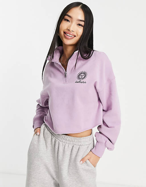 Hollister - Hoogsluitend cropped sweatshirt met borduursel in paars