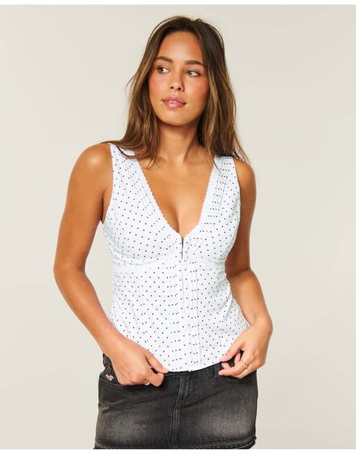 Hollister Hook & eye lace trim tank in white dot