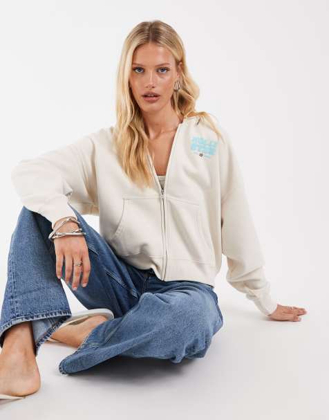Hollister huvtröja med dragkedja och grafik på ryggen i cream - view 1