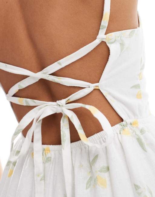 Hollister - Hvid maxikjole i hørblanding med citronprint, 2 af 4
