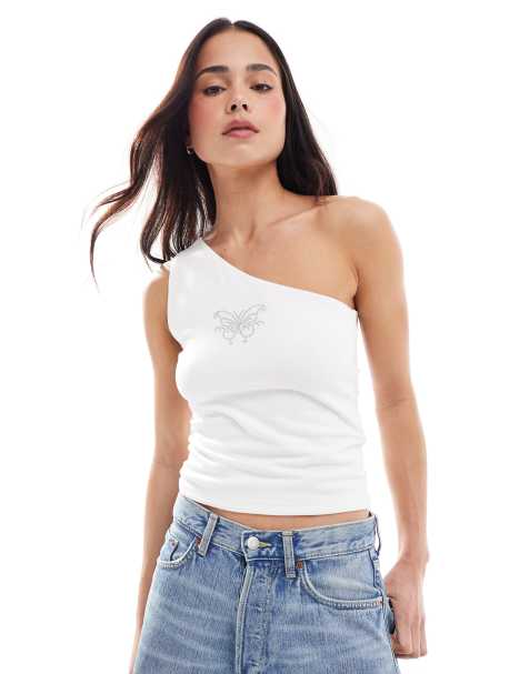 Hollister - Hvid oneshoulder-top med motiv i rhinsten - view 1