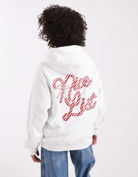 Hollister - Hvid oversized hættetrøje med juledesign og 'Nice List'-print - view 1