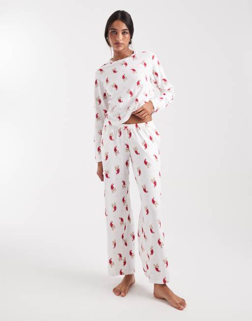 Hollister - Hvide og lavtaljede pyjamasbukser med brede ben og juleprint - Del af sæt
