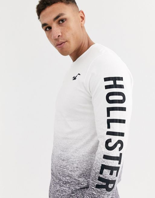 Hollister icon and sleeve logo long sleeve top in white to gray ombre